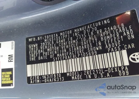 2020 Toyota Corolla Le из США, поврежденный, VIN 5YFEPRAE8LP105699